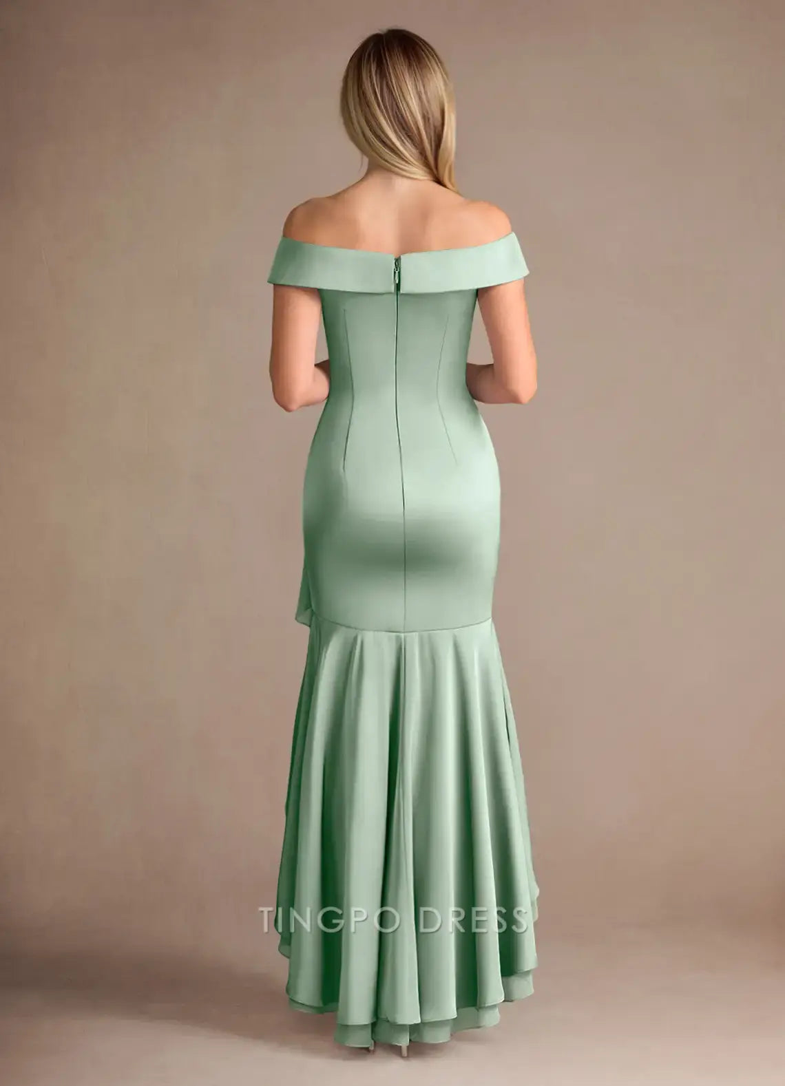 TingPo Wholesale Elegant Mother of the Bride Agave Mermaid Off the Shoulder Stretch Satin Dress hot sale for ladies